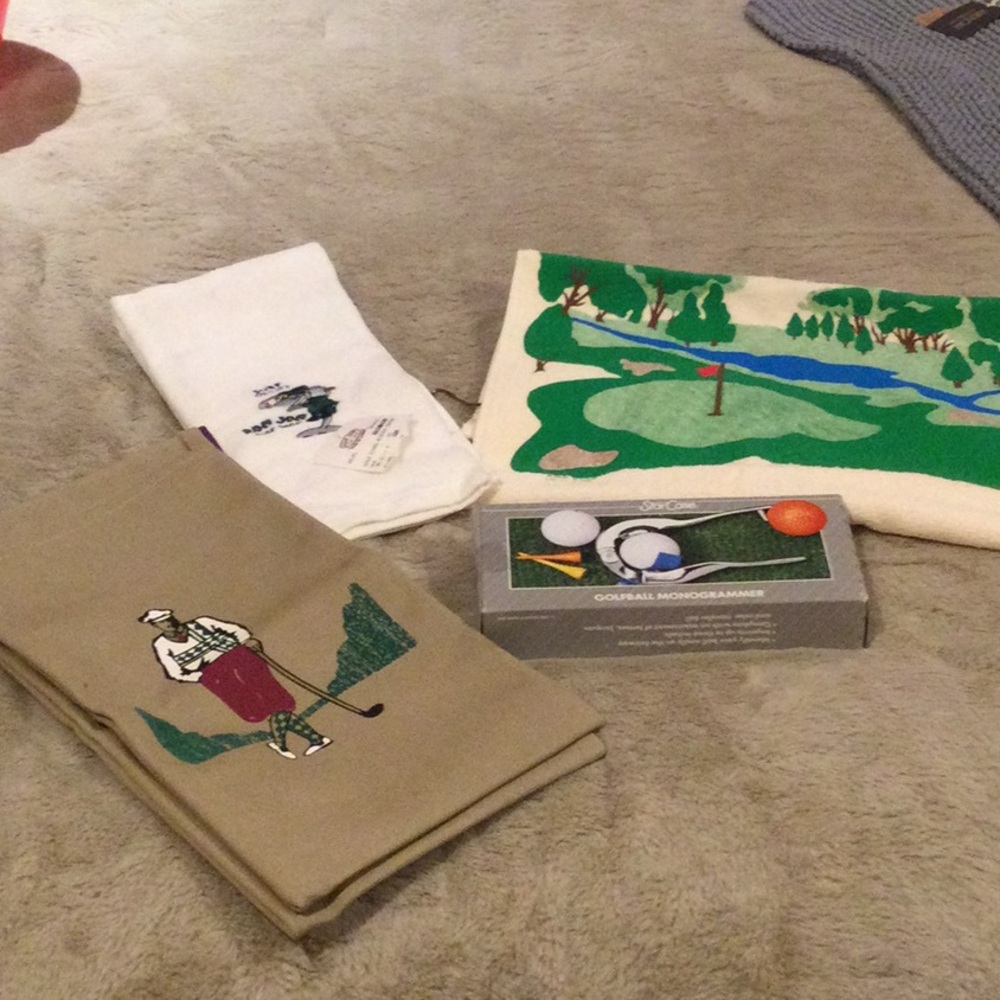 Never used 2 towels, ball monogrammer, shoe bag, from the 90’s